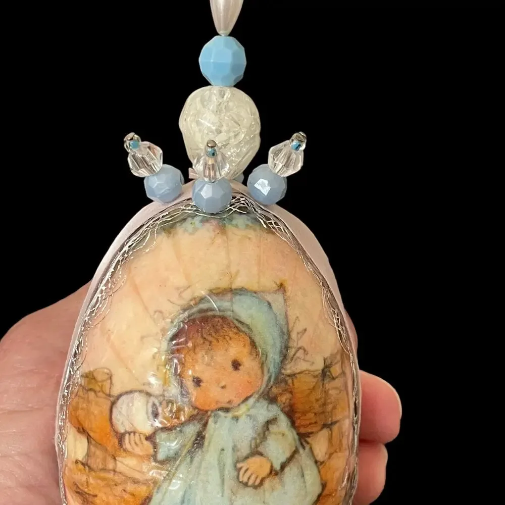 Vintage Decoupage Ornament Holly Hobbie? Handmade 70's Beaded Christmas Holiday